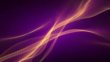 Sarı parçacık dalgalarının döngü animasyonu yavaşça koyu mor bir arkaplanda yüzüyor. Bilgisayar bilimi, dijital teknoloji ve yapay zeka için animasyon ekran koruyucu. Döngülü video, 4k, 60 fps