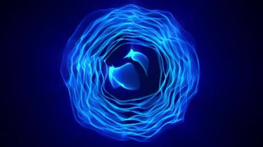 Mavi parçacık dalgaları şekil değiştiren enerji küresinde hareket ediyor. Dijital mühendislik, bilgisayar teknolojileri ve bilim kurgu için soyut bir arka plan. Fütürist atom molekül animasyonu. Döngü, 4k, 60fps