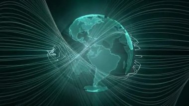 Dünya 'nın dönen hologramının döngüsel animasyonu ve koyu mavi arka planda dünya küresi boyunca hareket eden parlayan çizgilerin. İnternet bağlantısı teknolojisi olan dijital ekran koruyucu. Döngü, 4k, 60fps