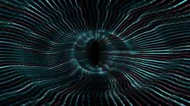 Karanlık bir arkaplanda renkli parlak parçacıklardan oluşan soyut dalgalı bir tünel. Dijital mühendislik, bilgisayar teknolojileri, internet bağlantıları ve bilim kurgu için gelecekteki animasyonlar. 4k, 60 fps