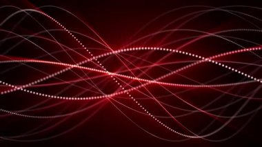 Beyaz noktalı kıvrımlardan oluşan soyut yapıya sahip, parlak efektli, koyu renk bir arka planda dönen kırmızı, pürüzsüz ekran koruyucu. Parlayan parçacıkların canlandırılmış zarif dalgaları. 4k video , 60 fps