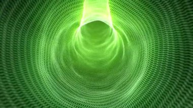 Parlak efektli yeşil dalgalı bir tünel. Dijital elementlerden oluşan dalga tübü ile zarif bir yumuşak ışık arka planı. Bilgisayar bilimi, biyoloji, internet bağlantıları ve veri akışı animasyonu. 4k , 60 fps