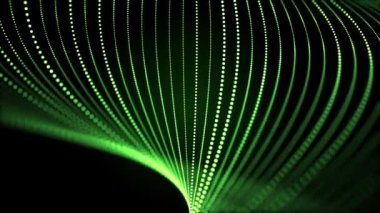 Lekesiz ekran koruyucu, koyu arkaplanda parlayan noktalı kıvrımlardan oluşan soyut yeşil bir yapı. Bilim için dijital animasyon, internet bağlantıları, programlama ve veri akışı. 4k , 60 fps