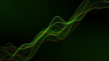 Parlak yeşil noktalar ve parlak çizgilerden oluşan dijital dalgalı yapıya sahip sonsuz döngü arkaplanı. Programlama, bilgisayar bilimi ve vj müzik performansı için yüksek teknoloji animasyonu. 4k , 60 fps