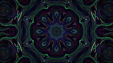 Parlak psikedelik kaleydoskop, bir sürü parlak renkli desenler ve neon ışığı. Meditasyon, yoga ve müzik festivali performansı için tuhaf bir arka plan. Gece aydınlatma, 4k, 30 fps