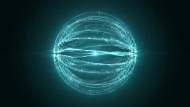 Parıldayan parçacıklardan oluşan parlak küresel enerji dalgaları. Manyetik kutuplar arasında sorunsuzca hareket eden plazma akışına sahip döngüsel soyut atomik küre arkaplanı. Kusursuz VJ döngüsü, 4k, 60 fps
