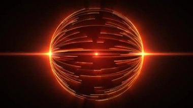 Parlak ışık efektiyle dönen ve şekil değiştiren çizgilerden oluşan parlayan sıcak enerji küresiyle kusursuz bir döngü. Fütürist molekül bilim ve bilgisayar teknolojisi için küre animasyonu. 4K , 60 fps