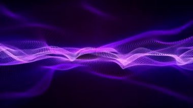 Ethereal waves of bright particles with soft purple blue glow effect. Seamless loop abstract animation of shiny energy waveform elegantly floating in a dark space. Looped digital background , 4k 60fps