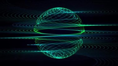 Dairesel dalgalar şeklinde mavi ve yeşil enerji tellerinden oluşan soyut ruhani küre. Bilim, teknoloji ve vj müzik performansı için atom veya molekül manyetik alan arka planı. 4k 60fps döngüsü