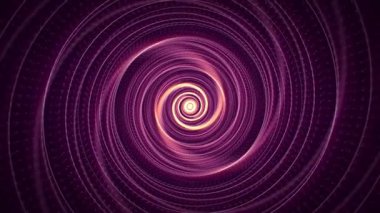 Soyut mor girdap parlak nokta desenli ve yumuşak turuncu ışık efektli yuvarlak tünel şeklinde. Bilgisayar teknolojisi, bilim kurgu ve sanat performansı için dijital arka plan animasyonu. 4k 60fps