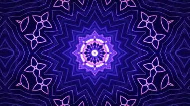 Mor mavi kaleydoskop, değişken çiçekli mandala deseni ve parlak ışık efekti. Trans müzik festivali ya da sanat performansı için beyaz psikedelik şekillerin döngülü animasyonu. Kusursuz döngü, 4k 60fps