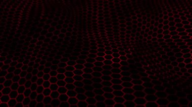 Aydınlatılmış kırmızı bal peteği alanı ve koyu arkaplanda parlayan altıgen şablonu. Bilgisayar bilimi, programlama ve siber uzay görselleştirmesi için dijital teknoloji animasyonu. 4k 60 fps