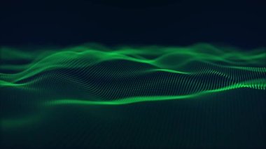 Yeşil parçacık dalgalarıyla donatılmış arka plan yumuşak ışık efektiyle koyu mavi bir zemin üzerinde pürüzsüzce yüzüyor. Teknoloji ve bilgisayar bilimi için zarif bir dalga formu animasyonu. Kusursuz vj döngüsü 4k 60fps