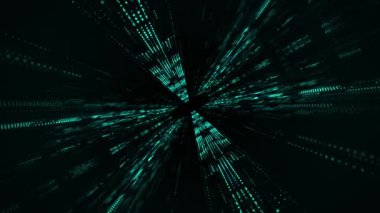 Aydınlatılmış elementlerle soyut uzay gemisinin içinde uçmanın gelecekteki animasyonu. Siyah arka planda parlak hud desenleri olan parlak mavi panellerden oluşan karanlık bilim kurgu koridoru. 4k 60fps