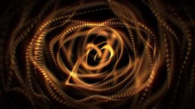 Sıfır yerçekiminde yüzen soyut halkalar şeklinde şeffaf altın kurdelelerle donatılmış arka plan. Parlak sarı çizgiler yumuşak ışık efektiyle düzgünce şekil değiştiriyor. Kusursuz vj döngüsü, 4k 60fps