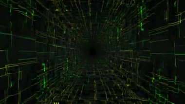 Soyut teknoloji tünelinde uçarak ilerleyen parlak yeşil ve sarı neon desenli bir arka plan. Güç sinyalli parlak dijital koridorun 3 boyutlu animasyonu. 4k 60fps