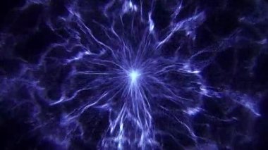 Enerji patlaması arka planında mavi ışık efektiyle etrafa yayılan dalgalı kar parçacıkları var. Bilim kurgu, fizik ve soyut sanat performansı için sihir çeşmesi animasyonu. 4K 30fps