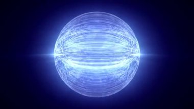 Parlak kristal çizgilerden oluşan şeffaf bir kürenin dönüşümlü mavi arka planı. Teknoloji, bilim ve soyut sanat için enerji topu ekran koruyucusu. Kusursuz vj döngüsü, 4K 60fps