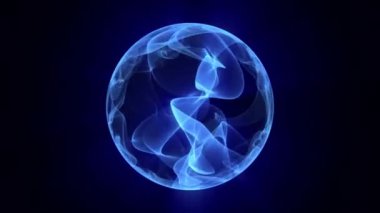 Parlak parlak efektli, koyu bir arka planda çırpınan parlak dilli mavi alev küresi. Bilim ve teknoloji için soyut atom küre veya molekül çekirdeğinin kusursuz döngü animasyonu. 4K 60fps