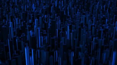 Yüzeyde yumuşak mavi parıltı yansımalarıyla dönen bir sürü uzun üç boyutlu şekillere sahip koyu soyut bir arka plan. Bilim kurgu tarzında geometrik formların gelecekteki animasyonları. Hareket grafikleri 4K 60fps