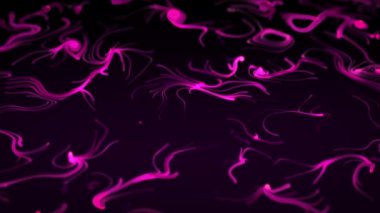 Pembe neon renkli soyut formlar, koyu mor bir zemin üzerinde dalgalar üzerinde yüzen yosun şeklinde. Aydınlatılmış bitkilerle organik sanat hareketleri grafikleri, parlak ışık efektiyle pürüzsüz akış. 4K 30fps