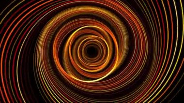 Parlak turuncu ve sarı şeritten oluşan esrarengiz tünel siyah arka planda dalgalanıyor. Ruhani sanat ve bilim kurgu için hayali sıvı halkalarla soyut solucan deliği animasyonu. 4K 60fps
