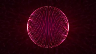 Pembe kırmızı enerji hatlarından oluşan şeffaf kürenin parlak bir ışıkla koyu bir arkaplanda dönen döngülü animasyonu. Bilim kurgu tarzında teknoloji ve sanat için soyut üç boyutlu top. 4K 60fps döngüsü