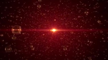 Parlak sarı ışık ve dönen altın metal elementlerle soyut uzay hareketi grafikleri. Gelişigüzel dönen 3 boyutlu ışık efektli bilim kurgu arka planı. 4K 60 fps