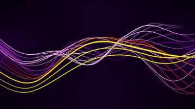 Parlak renkli dalgalı çizgileri olan kusursuz dalgalı ekran koruyucusu koyu bir arkaplanda yüzüyor. Dijital sanat ve müzik vj performansı için parlayan çizgi akışının soyut animasyonu. 4K 60fps döngüsü
