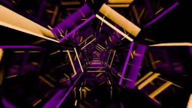 VJ döngü tüneli mor ve turuncu parlak elementlerle ve parlak ayna yüzeyleriyle. Sanat gösterisi ve müzik performansı için neon çizgilerin geometrik yapısına sahip fütürist koridor. 4K 60fps
