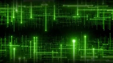 Soyut dijital alanda parlayan yeşil çizgilerle uçmanın kusursuz döngü animasyonu. Fütürist teknoloji arka planında bilim kurgu tarzında parlak neon ışıklar var. Döngülü, 4K 60 fps