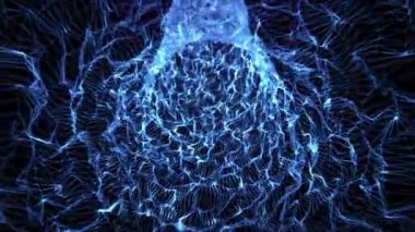 Aydınlatılmış mavi tüneli parlak parlayan ızgaradan yapılmış kusursuz bir döngü arka planı. Bağlı teknoloji hatlarıyla dolu dijital bir koridorda uçmanın soyut animasyonu. Döngülü 4K 60fps