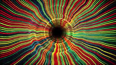 Parlak psikedelik çizgilerle dolu renkli soyut bir tünel ve merkezinde koyu yuvarlak bir boşluk. Etkinlikler, festivaller ve müzik gösterileri için canlı renk çizgilerinden oluşan hipnotik bir koridor. 4K 60fps