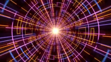 Pırıl pırıl turuncu, mor ve mavi dijital desenlerden oluşan parlak tünelle kusursuz bir döngü. Şeffaf hologram koridoru ve renkli çizgilerin animasyonuyla soyut ekran koruyucu. 4K 60 fps