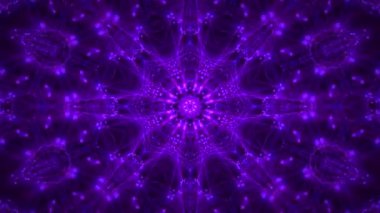 Parlak mor kaleydoskoplu koyu arkaplan, yumuşak parlaklık ve simetrik ayna etkisi. Aydınlatılmış mandala animasyonu. Parlak çizgiler ve ruhani sanat performansı için noktalar. 4K 30fps