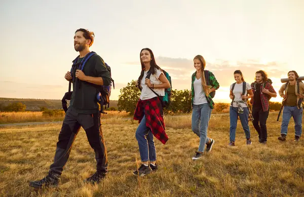 Group of young friends tourists trekking with backpacks walking in a row in the field. Happy people men and women on a hiking trip holiday in nature at sunset. Adventure, travel and tourism concept.