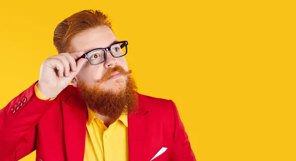 Funny Stylish Pensive Bearded Fat Man Staring Glasses Copy Space — Stock Photo, Image