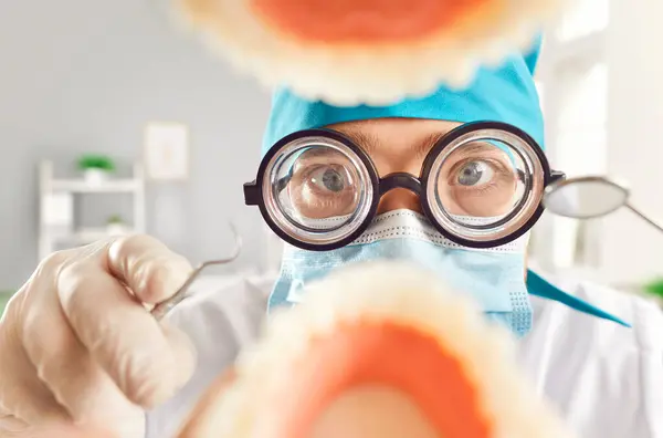 Funny Dentist Examines Treats Patient Oral Cavity Jaw Dental Clinic — Stock Photo, Image