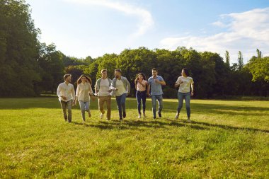 Bir grup mutlu genç arkadaş yazın dışarıda eğleniyor. Yedi neşeli erkek ve kadın güneşli havanın tadını çıkarıyor ve parktaki yeşil çimenlerde birlikte koşuyorlar.