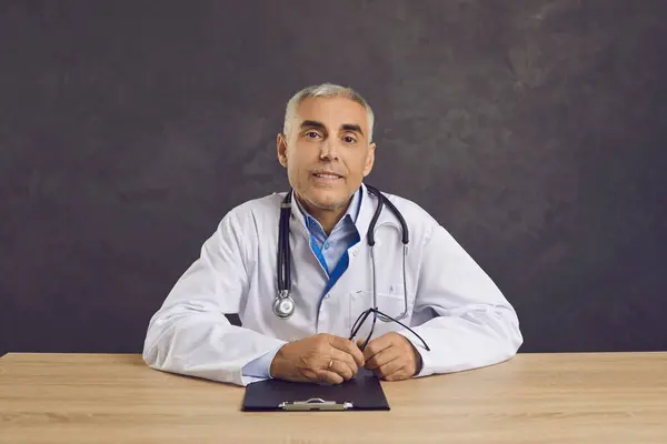 Portrait Smiling Middle Aged Doctor Lab Coat Stethoscope His Neck Royalty Free Stock Photos