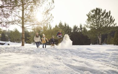 Mutlu, gülümseyen bir aile. İki çocuk ve kız kış parkında yürüyor. Güzel doğanın tadını çıkarıyorlar. Anne, baba ve çocukları ormanda karla eğleniyorlar..