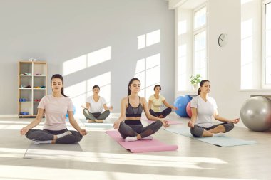 Gülümseyen sporcu insanların portresi paspasın üzerinde oturan ve Lotus 'ta spor salonunda yoga yapan kadınların gözleri kapalı poz vermeleri. Spor ve aktif yaşam tarzı kavramı.