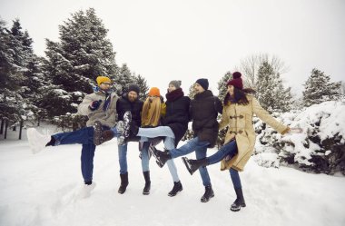 Dostça bir kış eğlencesi. Bir grup neşeli genç, kış ormanlarında yürürken karda dans ederek eğleniyor. Bir grup arkadaş, kankan dansını taklit ediyor. Kar yağışlı bölgelerde sıralanmış bacakları ile ayakta duruyorlar..