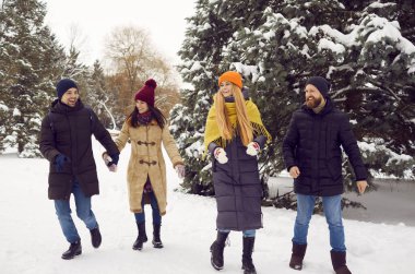 Kış yaşam tarzı. İki mutlu genç çift hafta sonu karlı kış ormanlarında birlikte yürüyüş yaparken eğleniyorlar. Mutlu komik ve kaygısız arkadaşlar birlikte gülüyorlar. Güzel kış gününün tadını çıkarıyorlar..