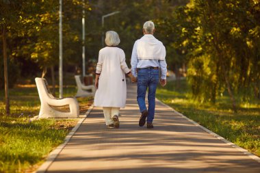 Yaşlı çift parkta sakin bir yürüyüşün keyfini çıkarıyor. El ele tutuşuyorlar, romantik tatiller, birlikte hafta sonları. Emeklilik, emekli maaşı, eski aile sonbaharı, yaz tatili... 