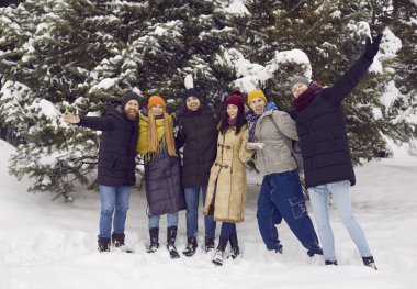 Dış giysili farklı arkadaşların portresi. Karlı ormanda kar topu oynayarak eğlenceli bir hafta sonu geçirin. Gülümseyen gençler eğleniyor. Kış tatilinde ya da tatilde dışarıda dinleniyorlar..