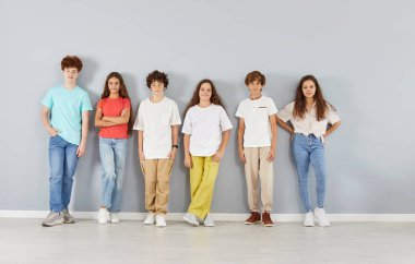 Farklı pozlarda gri duvara karşı sıra sıra bekleyen çeşitli gülümseyen çocukların toplu portresi. Altı sınıf arkadaşı renkli giysiler içinde kameraya bakıp grup fotoğrafı çekiyorlar..