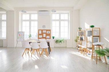 Mobilyaları, bitkileri ve rahat bir iş yeri olan ve toplantı ya da konferans düzenleyen geniş çağdaş boş ofisin içi. İç tasarım ve insan kavramı yok..