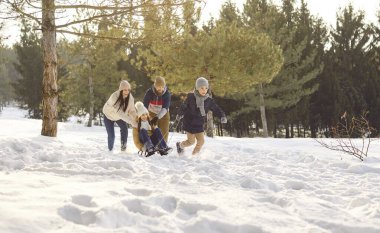 Çocukların olduğu mutlu bir aile kış parkında birlikte kızak kayarak eğleniyor. İki çocuklu genç ebeveynler dışarıda birlikte yürüyorlar. Aile eğlencesi ve kış tatili konsepti.