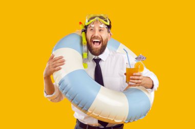 Businessman in formal attire, wearing a swim mask and inflatable ring, radiates joy isolated on orange background. Wide smile showing a holiday escape, blending work and play in a vibrant moment. clipart